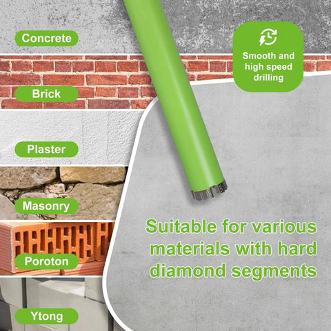 Pro Grade One Point Five Inch Wet Diamond Core Bit For Reinforced Concrete And Rebar Fourteen Inch Drilling Depth Laser Welded Turbo Segments Five Eighth Inch Eleven Threaded Shank Built For Brick Block And Hard Masonry Drilling next to different wall materials like concrete and brick.