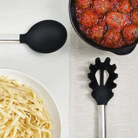 Ultimate 33-Piece Silicone And Stainless Steel Utensil Set ladle and pasta server with food