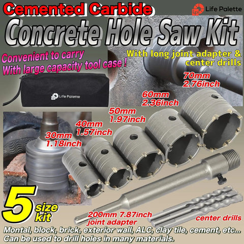 Five-In-One Hole Saw Kit With 7.9 Inch Pilot Drill For SDS Plus Hammer Drills Circle Drill Bits Set For Concrete Brick Cement Stone Wall Heavy Duty 30mm 35mm 50mm 75mm 100mm displayed with drill bits and tool case visible