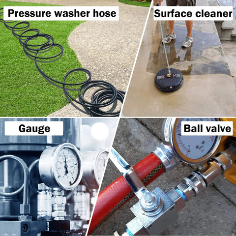 Heavy Duty Stainless Steel Pressure Washer Quick Disconnect Kit With Three Eighths Inch Fittings, hoses, surface cleaner, gauge, ball valve