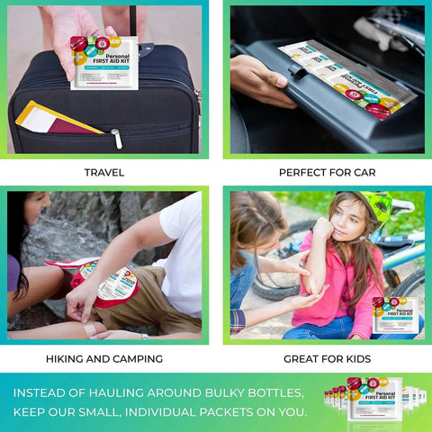 Mini Travel First Aid Kit Emergency Medical Kit shown in various settings: travel bag, car, hiking, kids, featuring bandages and gauze pads.