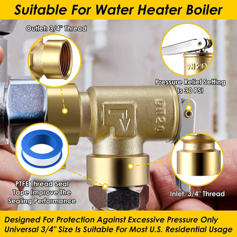 Gulfmew brass pressure relief valve, 30 PSI, 3/4 in female NPT x 3/4 in female NPT, with PTFE seal tape.