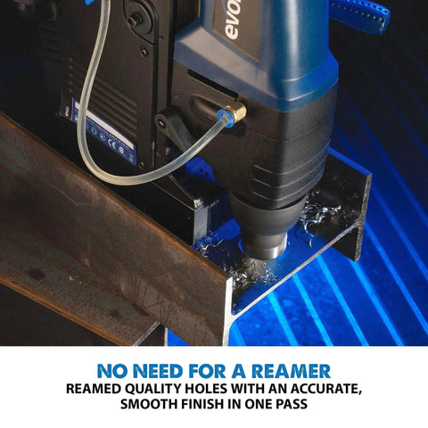 Close-up of No Fuss Magnetic Drill Annular Cutter Kit creating a hole, fits Evolution Power Tools, no need for reamer.