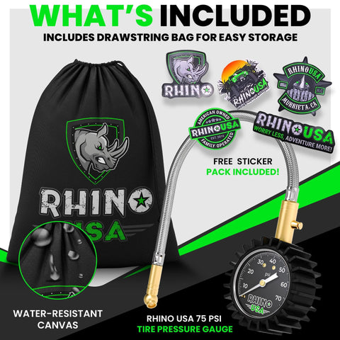 Rhino USA tire pressure gauge with braided hose and brass fittings, 0–75 PSI, shown with black water-resistant canvas drawstring bag