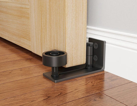 Sliding Barn Door Floor Guide With Eight Setup Options for bottom and wall mounted applications, installed on hardwood floor