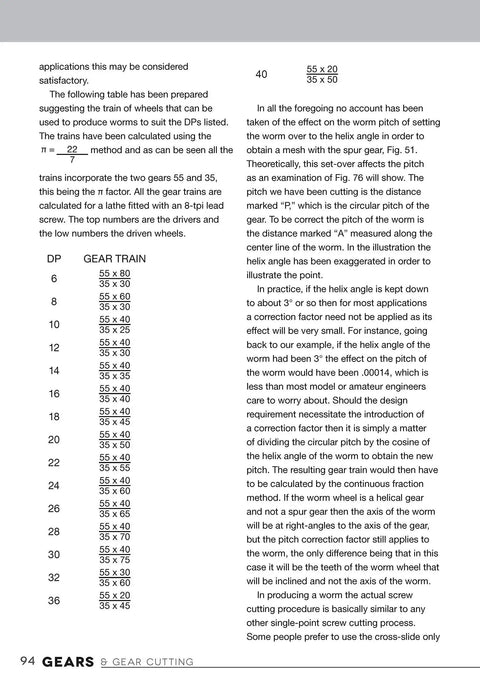 Page from 'Gears And Gear Cutting For Home Machinists A Practical No Nonsense Hands On Guide To Designing And Cutting Gears On A Lathe Or Milling Machine Inexpensively With Simple Non Technical Language,' showing a gear train table and instructions.