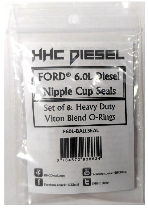 Package of Heavy Duty Ford 6.0L Diesel High Pressure Rail Nipple Cup Ball Tube O Rings Seals Kit Eight Pack Viton Blend by HHC Diesel.