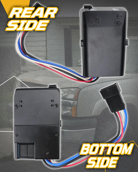 Proportional brake controller kit, black plastic housing with red/blue/white/black wires, rear and bottom views.