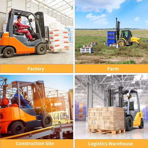 Four forklifts in various settings: factory, farm, construction site, and logistics warehouse.
