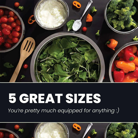 Stainless Steel Meal Prep Mixing Bowls Set for Real Kitchen Pros, 5 Pieces, with assorted vegetables and kitchen utensils