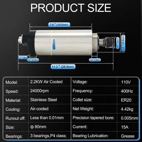 Diagram of 2.2KW 110V Air Cooled Spindle Motor Kit dimensions, showing 80mm diameter with ER20 collet and specs for CNC router.
