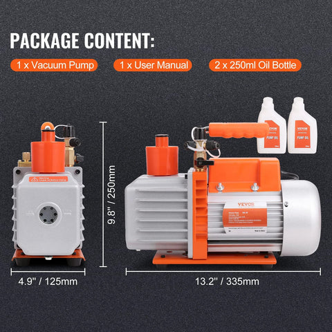 VEVOR 7 CFM dual-stage HVAC vacuum pump, 1/2 HP rotary vane, orange/gray with 2 x 250ml oil bottles