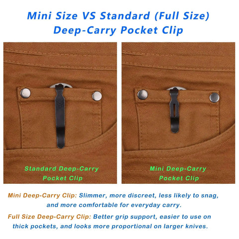 Comparison of compact mini deep carry pocket clip in stainless steel black 1.64 inch with standard clip on brown fabric.