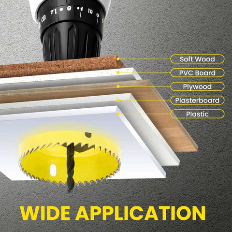 Six Piece Premium Hole Saw Kit With Mandrels And Hex Key 1-1/4 To 2-1/8 Inch 32-54mm for wood, PVC, drywall, and plastic cutting.