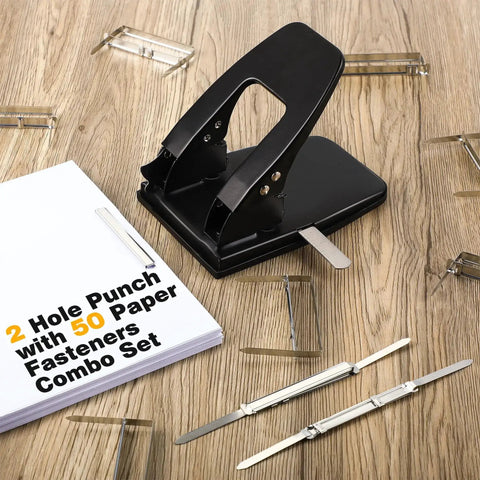 Heavy Duty Two Hole Punch Workhorse with 50 Prong Fasteners, padded grip handle, 30 sheet capacity, on wooden desk with fasteners