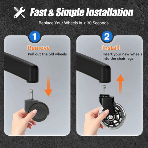 Illustration showing installation of Office Chair Caster Wheels Set Of 5 Universal Fit 2.5 Inch Blade Wheels for replacement.