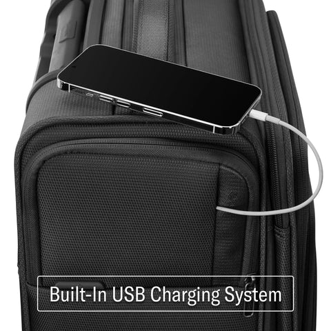 Ultra Light Expandable Softside Carry On With Spinner Wheels For Airline Travel, Eco Friendly Recycled PET Fabric, USB Charging, Black
