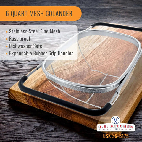 6-Quart Over The Sink Stainless Steel Colander With Expandable Rubber Handles on a wooden surface