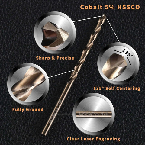 One Eighth Inch Cobalt Drill Bit Set showing sharp tip, 135-degree self-centering end, and clear laser engravings, HSS M35 metal.