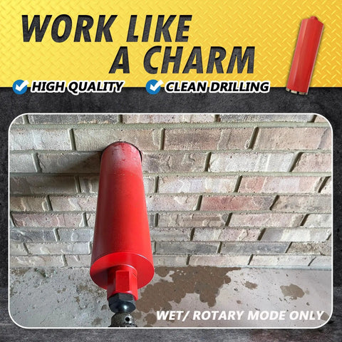 3 Inch Wet Drill Core Bits For Concrete And Hard Masonry With 10mm Segment Height And 14 Inch Drilling Depth One And A Quarter Inch Arbor Heavy Duty Diamond Core For Longer Life And Efficient Wet Drilling Wet Only, installed in a brick wall
