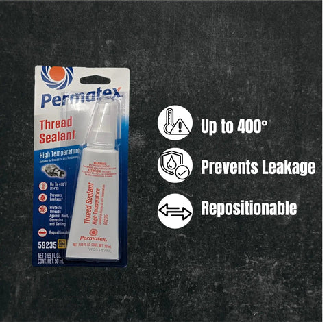 Front view of High Temperature Thread Sealant Kit 50 Ml Pack Of 6 That Seals Leaks Like A Champ package showing tube and instructions.
