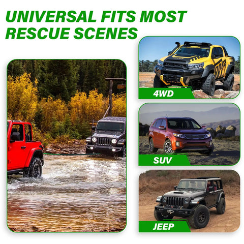 Synthetic Winch Rope Kit For ATV UTV And Off Road Vehicles One Quarter Inch By Fifty Foot 10000 Lbs With Protective Sleeve Heavy Duty Hook Rubber Stopper And Reflective Safety Pull Strap Green in use with various off-road vehicles.