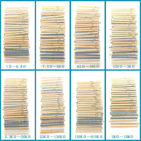 Metal film resistor kit with eight taped groups of blue axial resistors, values from 1Ω to 10MΩ (156 values).