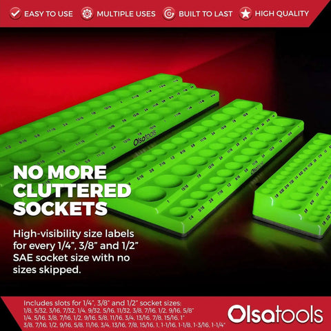 Magnetic Socket Organizer For One Quarter, Three Eighths And One Half Inch Drive SAE Sockets, Holds Up To One Hundred Twenty Three Sockets, Green Gearhead Must Have For A Clean, Streamlined Workshop in green with size labels.