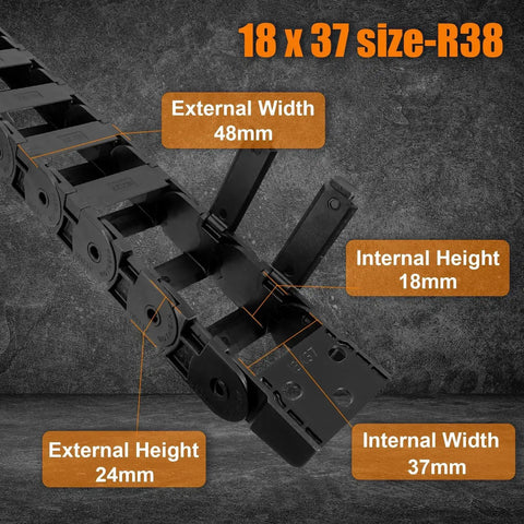 Drag Chain Cable Carrier 1M For 3D Printers And Industrial CNC Rigs, 18x37 Mm Inner, R38, Black PA66 Nylon, dimensions labeled