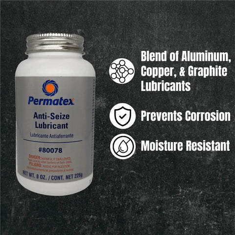 Image of an 8 oz jar of Anti-Seize Lubricant with brush top, featuring aluminum, copper, and graphite blend, prevents corrosion.