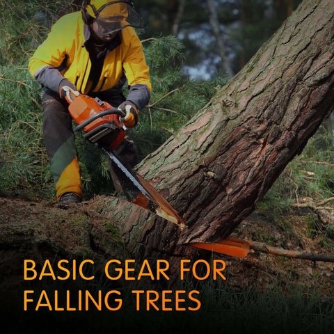Lumberjack using chainsaw and tree felling wedge to safely cut tree, featuring 6 Pack Tree Felling Wedges With Spikes For Safe Chainsaw Cutting, Includes 5.5 Inch And 8 Inch Wedges, Durable PA6 Glass Fiber Reinforced Material, Lightweight Yet Sturdy For Quick Clean Tree Cuts, Pro Grade Gear.