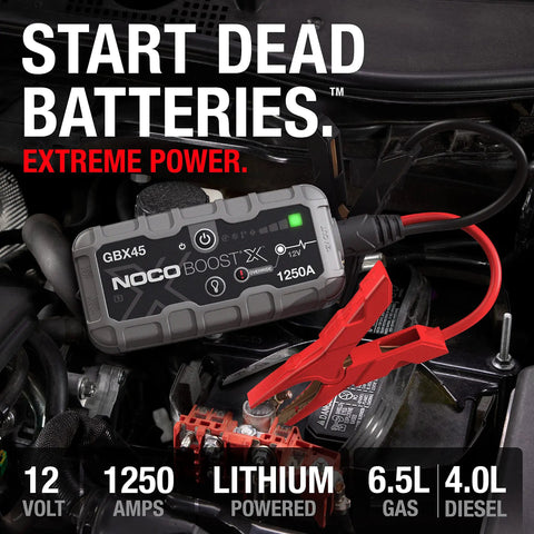 1250 Amp UltraSafe Jump Starter For 6.5L Gas And 4.0L Diesel Engines, 12V Lithium Power Bank connected to a car battery.
