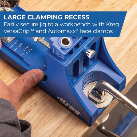 K4 Pocket Hole Jig For Pros And DIYers With Adjustable Easy To Use Drill Guides clamped to workbench in use