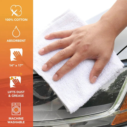 Hand using white Heavy Duty 100 Percent Cotton Terry Cloth Rags Bulk Pack Of 7500, Absorbent Cleaning Towels on car surface.