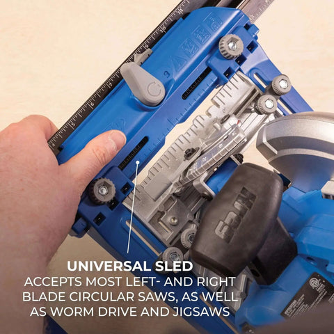 Rip Cut Circular Saw Guide For Precise Edge Guided Cuts On Regular Side Blade Saws Corded Or Cordless Converts Your Saw Into A Pro Level Guided Cutting Tool With A Secure Clamp Sled Universal Fit For Woodworking By Kreg KMA2400 shown in use with a universal sled and measuring scale.