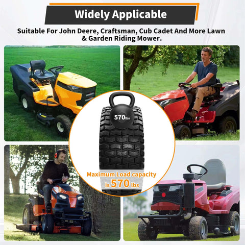 Two Pack 15x6.00-6 Lawn Mower Tire And Wheel Set for front replacement on riding mowers with 570 lb load capacity shown installed