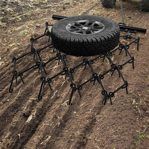 Chain Drag Harrow For ATV And UTV, 5 Foot Wide By 4.5 Foot Long With Half Inch Tines, leveling soil with tire weight