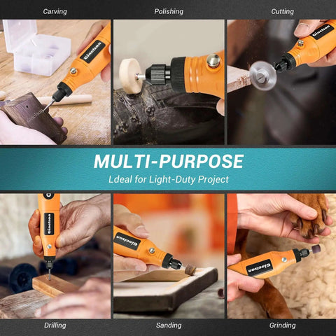 Cordless Mini Rotary Tool Kit GINELSON with 70 Accessories in use for carving, polishing, cutting, and light-duty DIY projects.