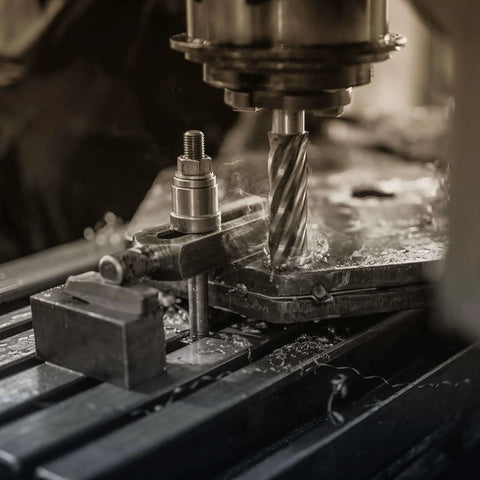 Close-up of a magnetic drill press using Annular Cutter Set For Magnetic Drill Press 13 Pc Heavy Duty Kit With 2 Pilot Pins.