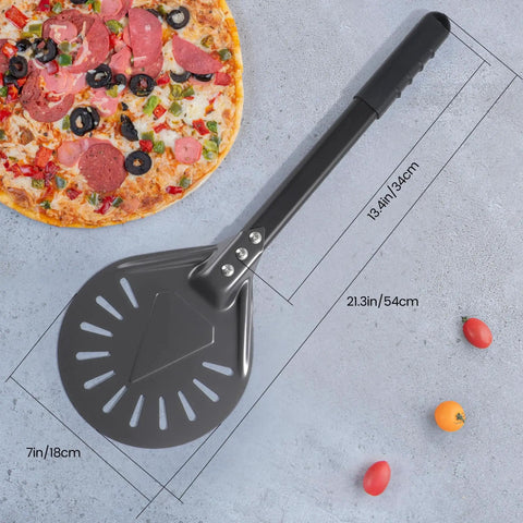 Perforated Pizza Turning Peel For Crisp Crust And Fast Steam Release Restaurant Grade Aluminum Lightweight Outdoor Pizza Oven Accessory For Home Ovens And Pro Kitchens shown with dimensions next to a pizza.
