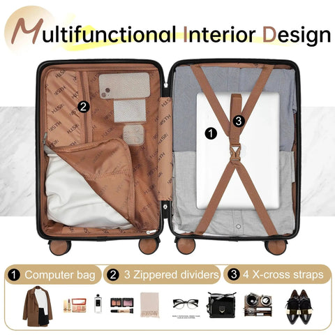 Carry On Luggage With Spinner Wheels That Fits 22 By 14 By 9 Inches, Airline Approved Hard Shell Carry On With TSA Lock open view