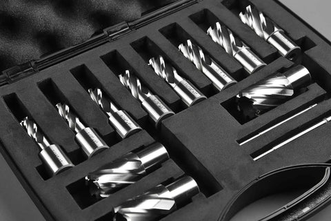Annular Cutter Set For Magnetic Drill Press 13 Pc Weldon Shank Three Quarter Inch With Cutting Depth One Inch And Diameters