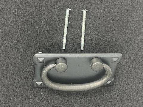 Mission Drawer Pull 3 Inch (76mm) Barcelona Pewter Finish with screws, shown on black surface for cabinets and furniture