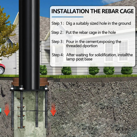 16 Foot Tall Solar Street Light Pole With Adjustable Modular Sections installation steps showing rebar cage in ground