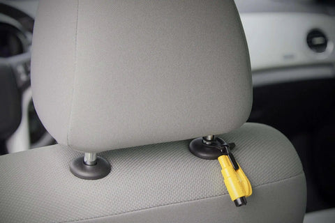 Emergency Car Escape Tool Accessory Pack With Visor Clip Lanyard Keyring And Cable Tie For Resqme installed on car headrest