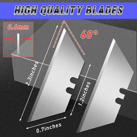 High quality blades for 4 Pack Folding Utility Knife Box Cutter With Extra Blades Non Slip Self Locking showing dimensions and thickness.