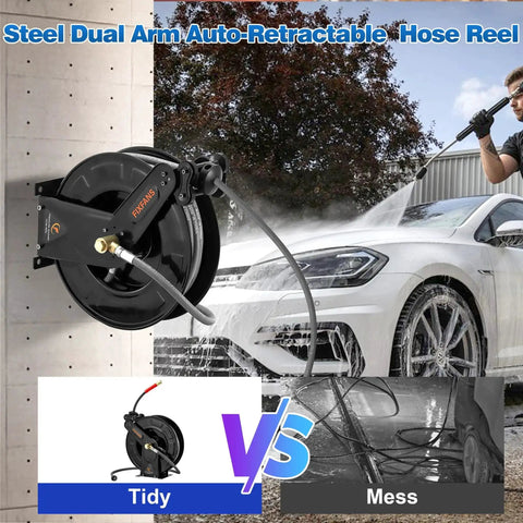 Pressure Washer Hose Reel With 50 Ft Three Eighths Inch Wire Braided Hose For Hot And Cold Water Auto Retractable Heavy Duty Reel 4000 PSI Black Ideal For Home DIY Garage Or Shop Use mounted on wall with car washing scene