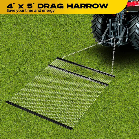 Beefy 4x5 Foot Drag Harrow For ATV And UTV With Rust Resistant Chain Field Leveler attached to tractor on grass