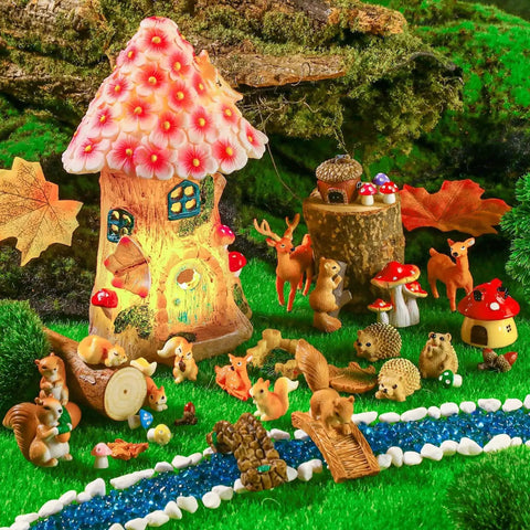 Totally Adorable Miniature Squirrel Garden Accessories Set With 19 Pieces Resin Squirrels Mushrooms Bridge Lighthouse Water Well And Pond