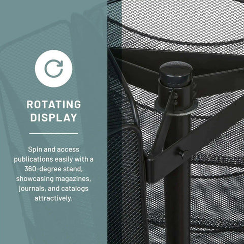 Close-up of Onyx Rotating Mesh Magazine Holder With 30 Pockets Display Rack, featuring 360-degree spin and mesh detail.